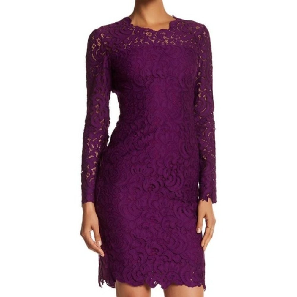 SALE Elie Tahari Bellamy Purple Lace Long-Sleeve Cocktail Party Sheath Dress 8 - Picture 2 of 10